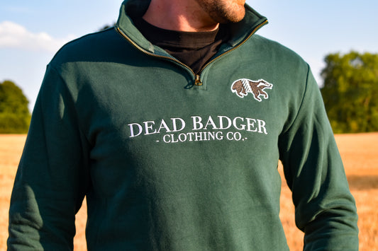 Dead Badger Clothing heritage green quarter zip jumper close up