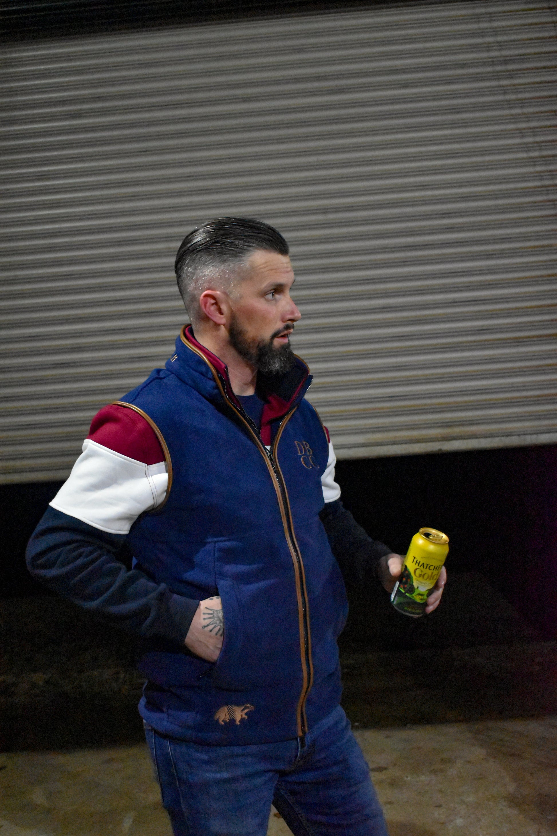 Dead Badger Clothing blue gilet lifestyle