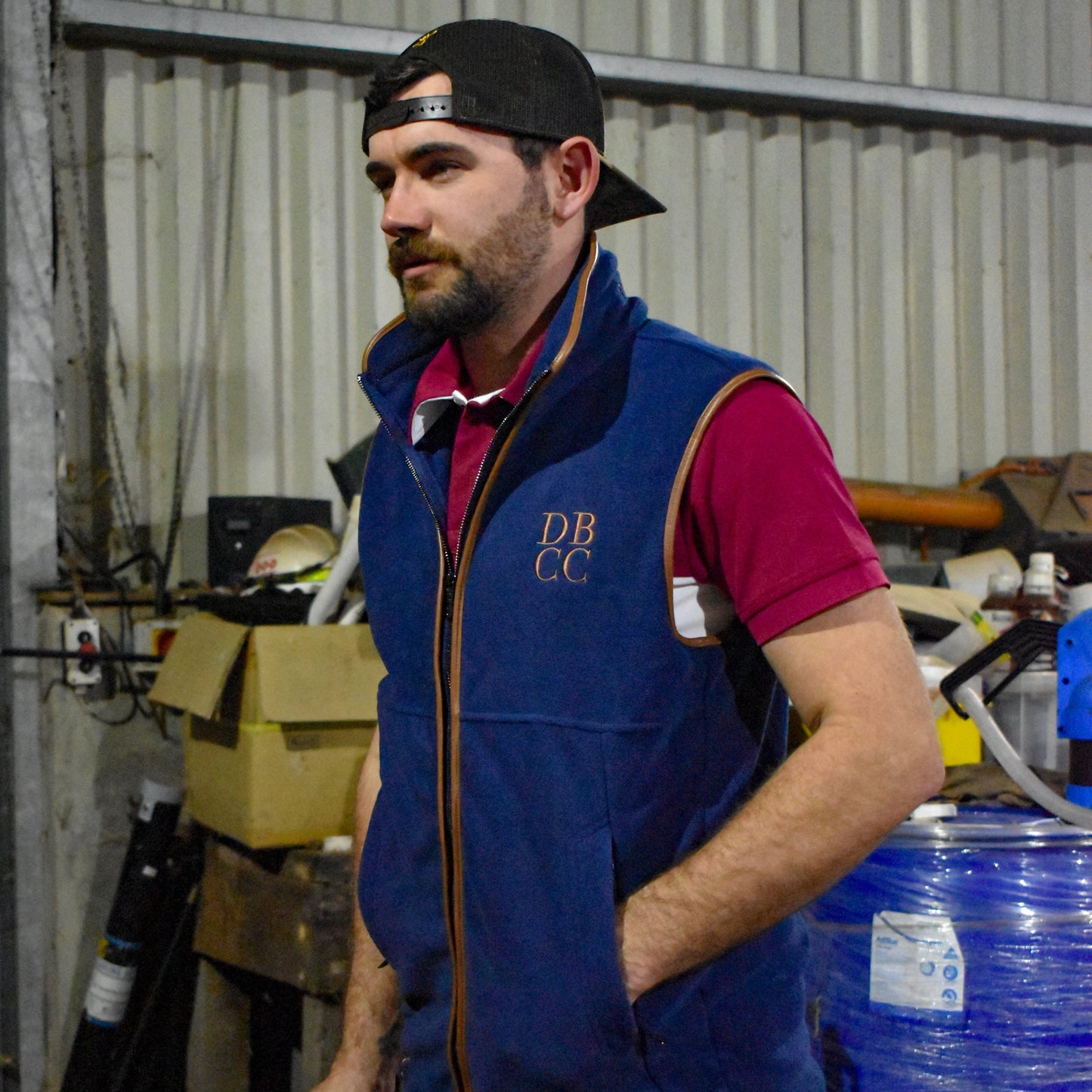 Dead Badger Clothing blue gilet lifestyle