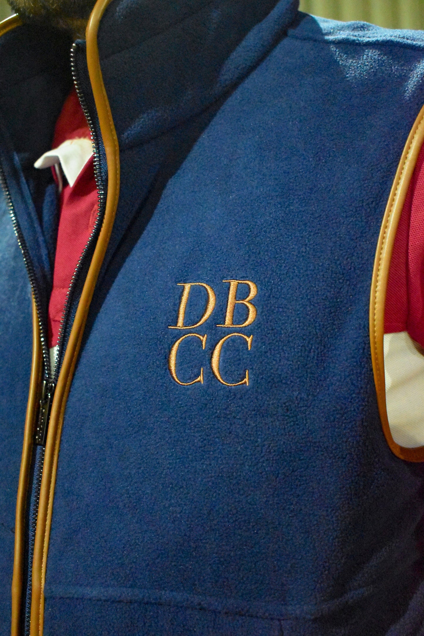 Dead Badger Clothing blue gilet close up