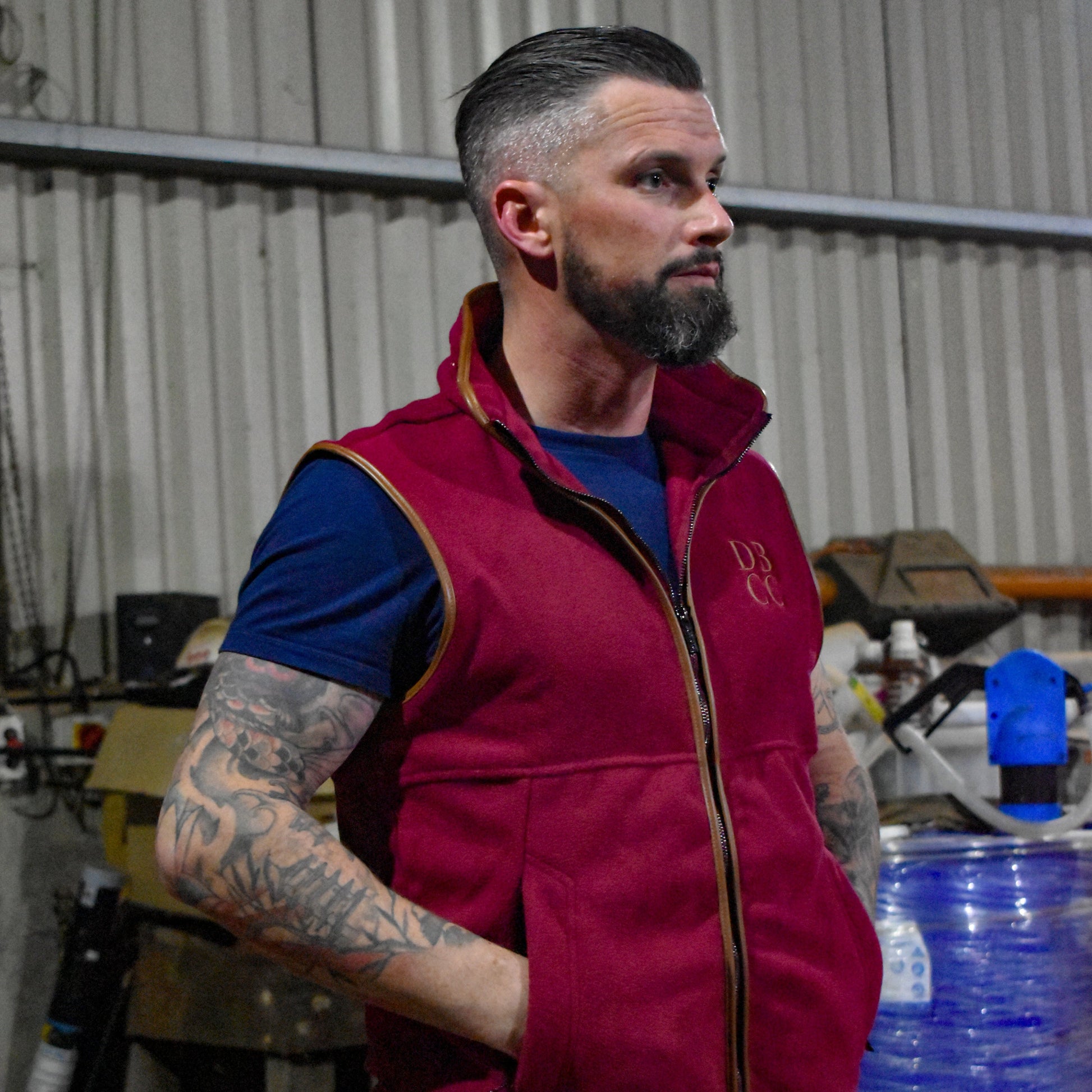 Dead Badger Clothing red gilet lifestyle