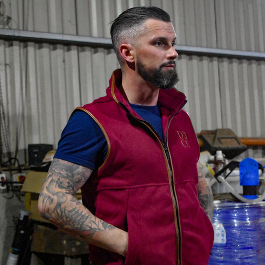 Dead Badger Clothing red gilet lifestyle