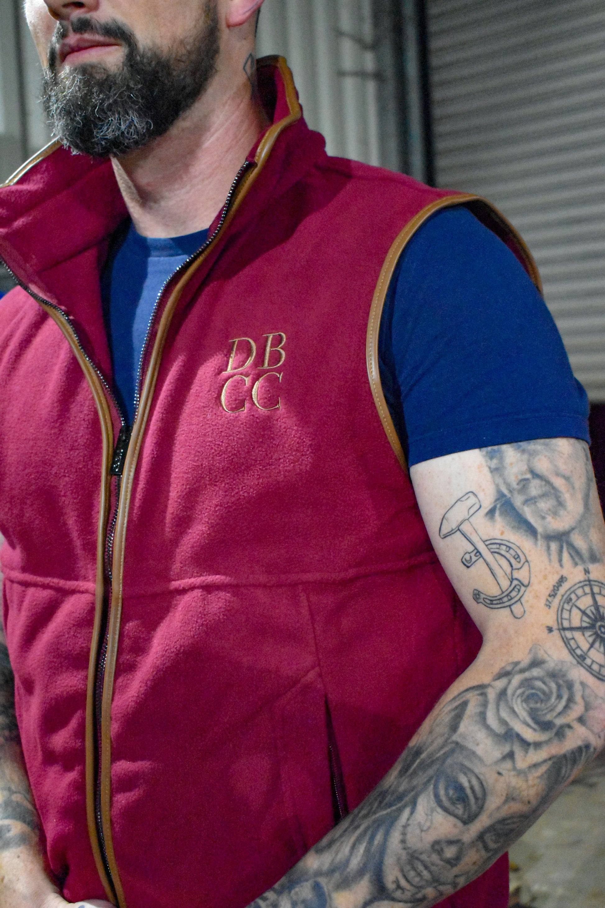 Dead Badger Clothing red gilet close up