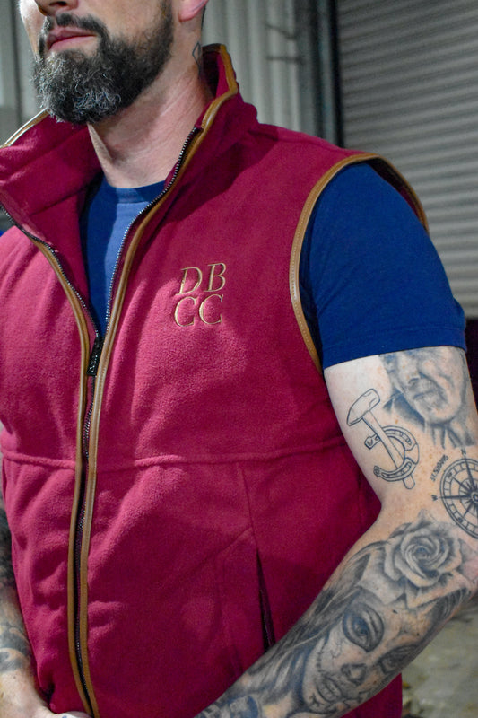 Dead Badger Clothing red gilet close up