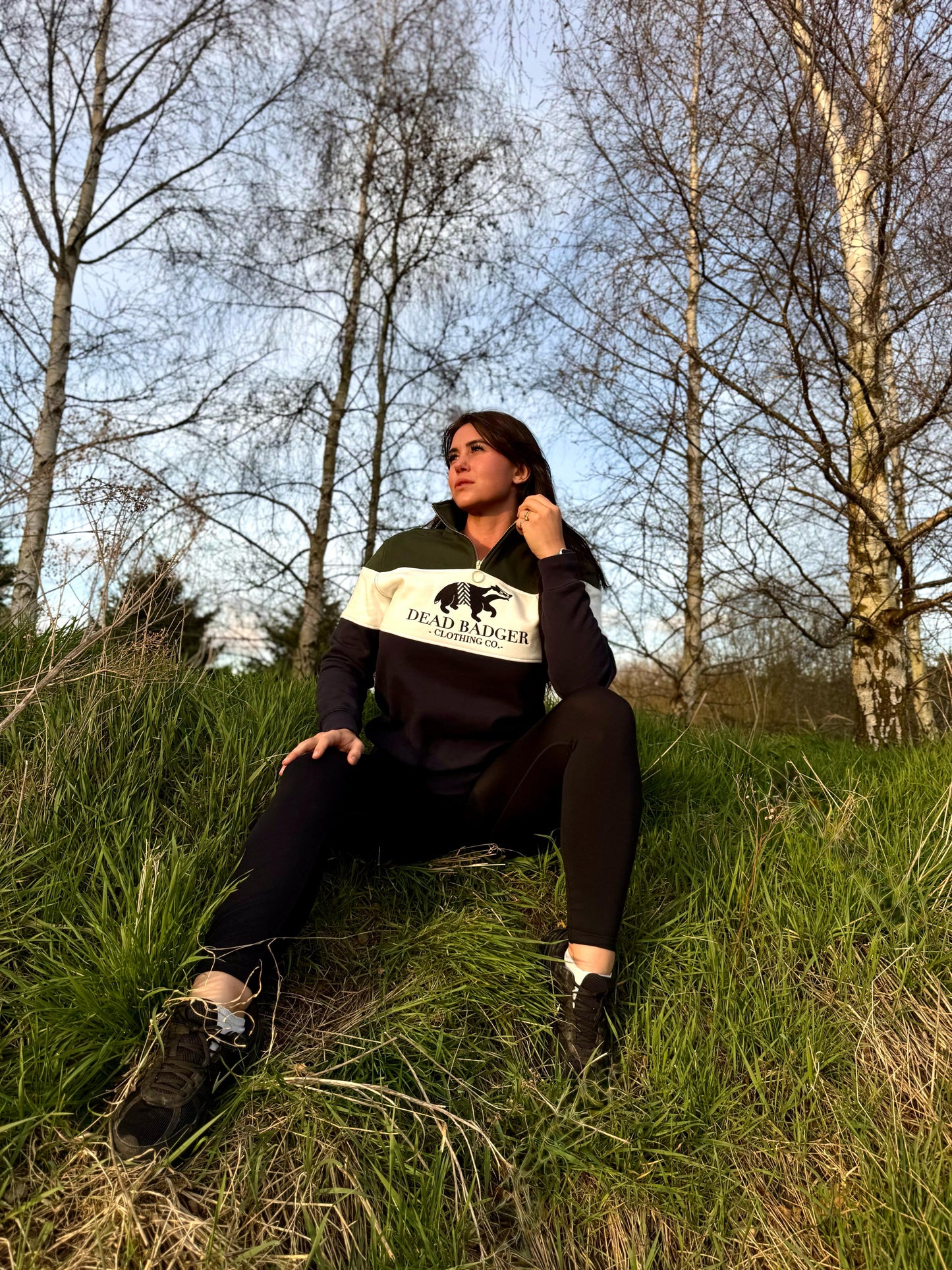 Dead Badger Clothing green quarter zip jumper lifestyle