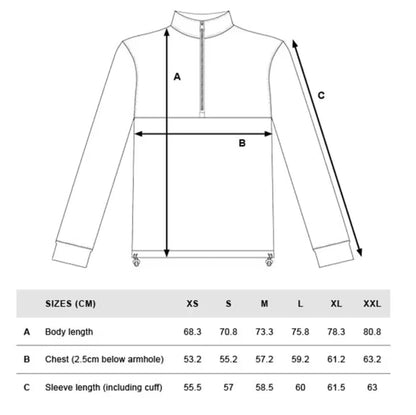 Dead Badger Clothing quarter zip sizing chart