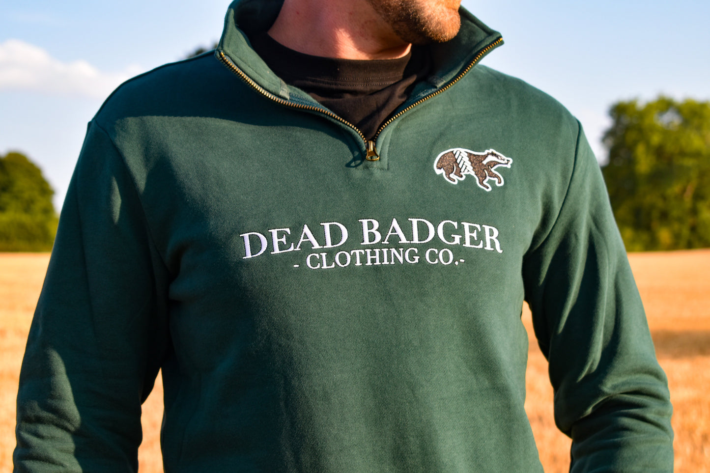 Dead Badger Clothing heritage green quarter zip jumper close up