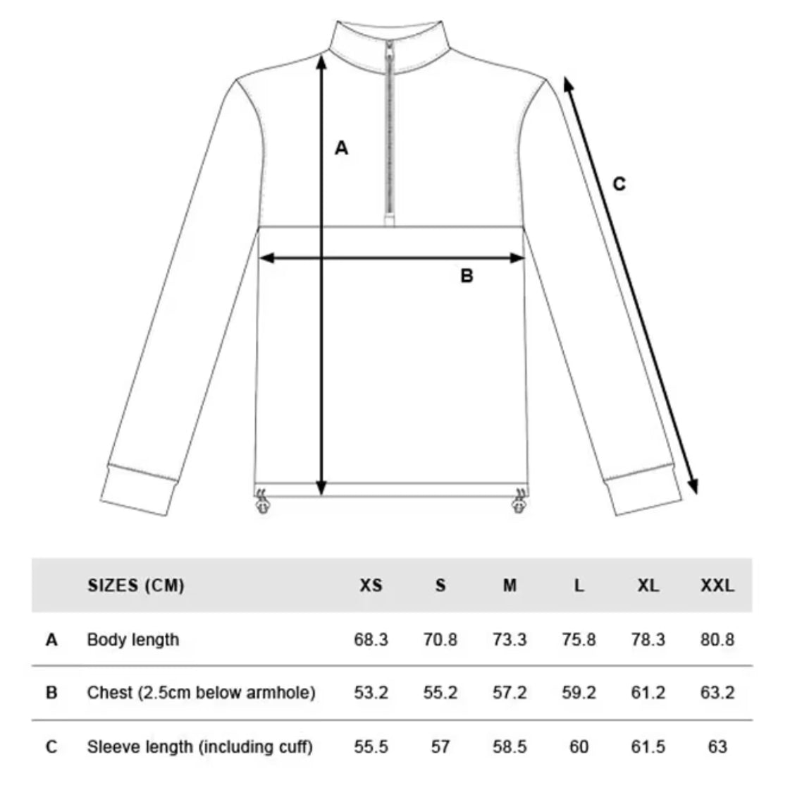 Dead Badger Clothing quarter zip sizing chart