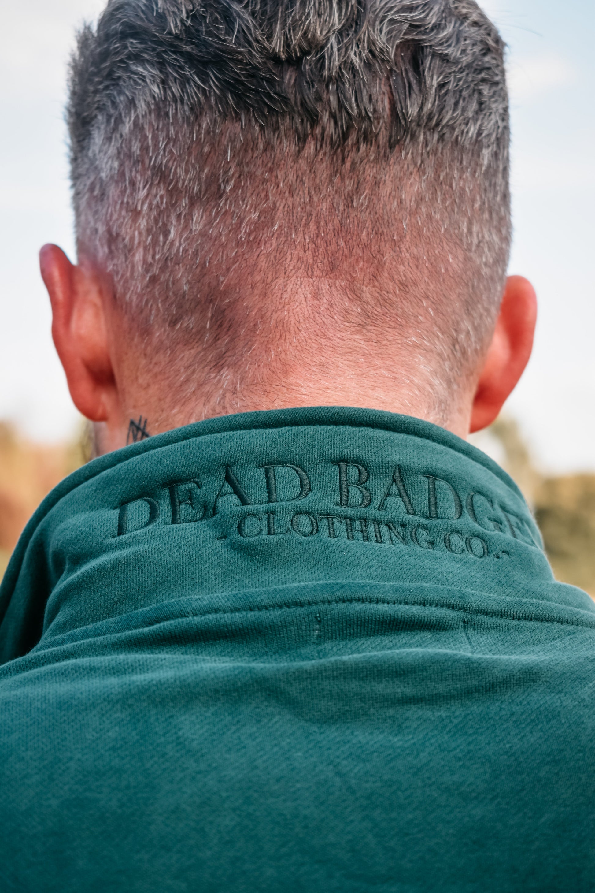 Dead Badger Clothing heritage green quarter zip jumper detail