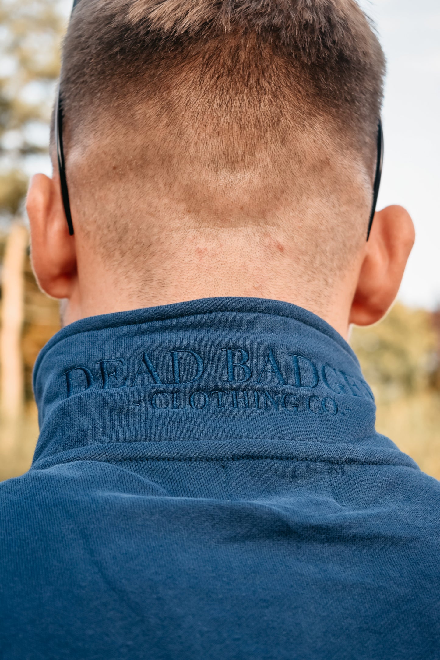 Dead Badger Clothing heritage navy quarter zip jumper detail