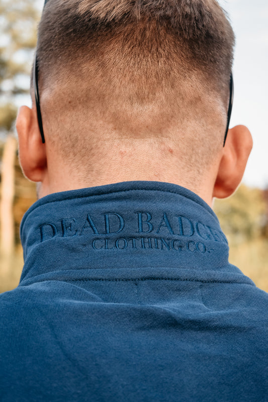 Dead Badger Clothing heritage navy quarter zip jumper detail