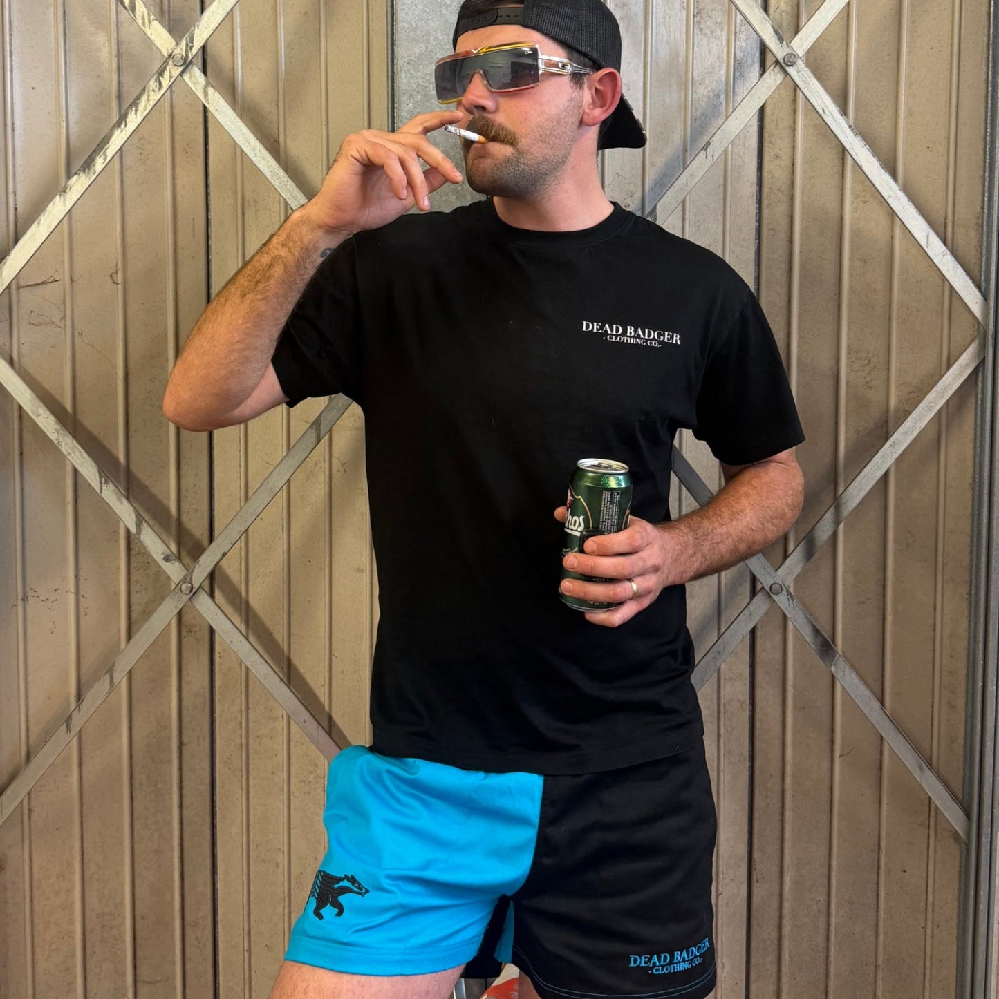 Dead Badger Clothing black and blue shorts lifestyle