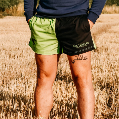 Dead Badger Clothing black and lime shorts lifestyle
