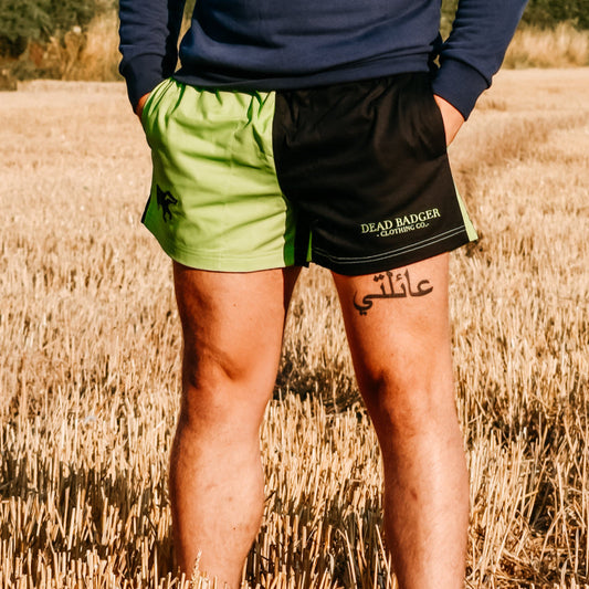 Dead Badger Clothing black and lime shorts lifestyle