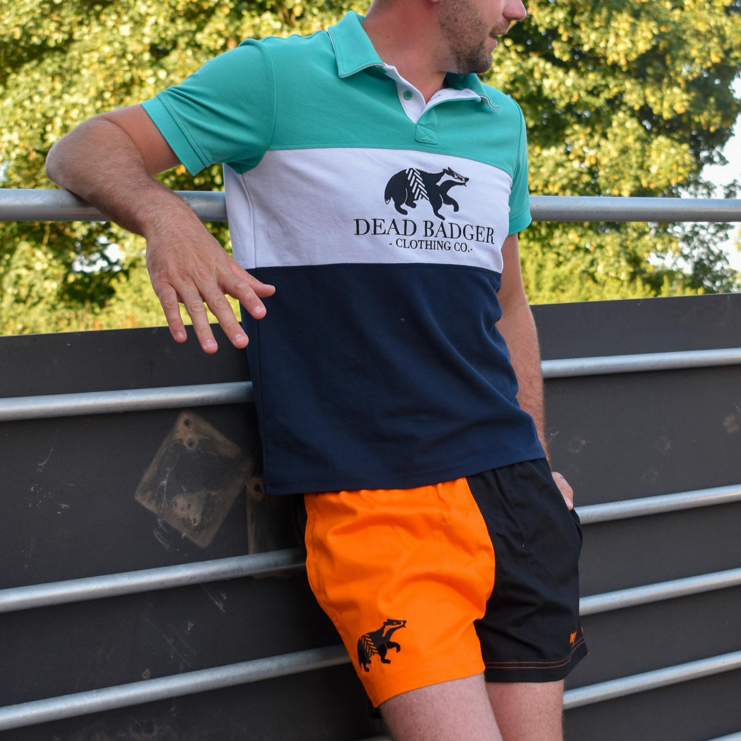 Dead Badger Clothing black and orange shorts lifestyle