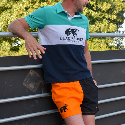 Dead Badger Clothing black and orange shorts lifestyle